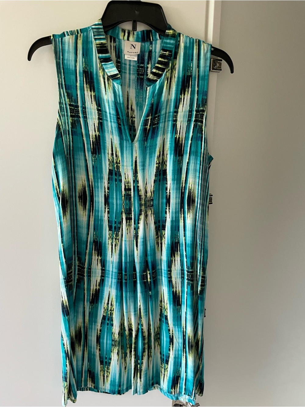 Natori Teal and Black Printed Sleeveless Dress